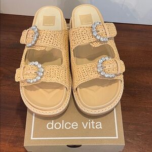 Dolce Vita Woven Tan Sandals with Crystal Accents